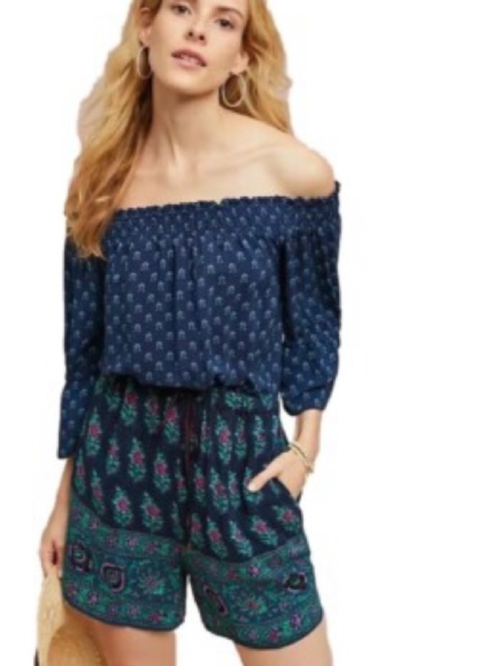 Anthropologie Ettwa Blue Boho Floral Off The‎ Shoulder Romper Small 3/4 Sleeve